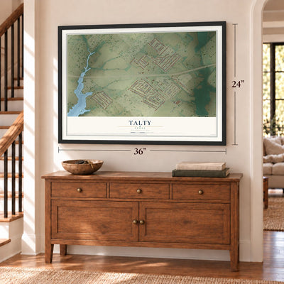 Talty, Texas map, 24 x 36 inch print in a black frame above a dresser by a staircase