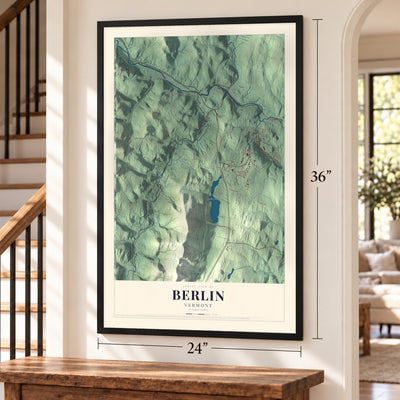 Berlin, Vermont map, 24 x 36 inch print in a black frame by a staircase