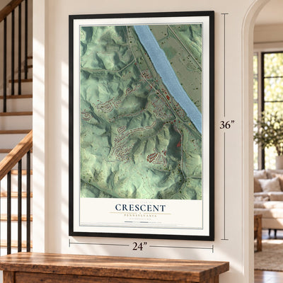 Crescent, Pennsylvania map, 24 x 36 inch print in a black frame by a staircase
