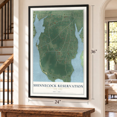 Shinnecock Reservation, New York map, 24 x 36 inch print in a black frame by a staircase