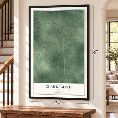 Clarksburg, Tennessee map, 24 x 36 inch print in a black frame by a staircase