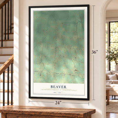 Beaver, Crawford County, Pennsylvania map, 24 x 36 inch print in a black frame by a staircase