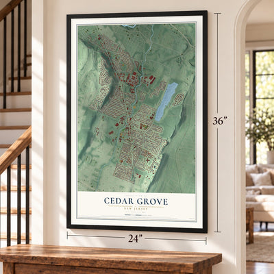 Cedar Grove, New Jersey map, 24 x 36 inch print in a black frame by a staircase