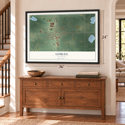 Gobles, Michigan map, 24 x 36 inch print in a black frame above a dresser by a staircase