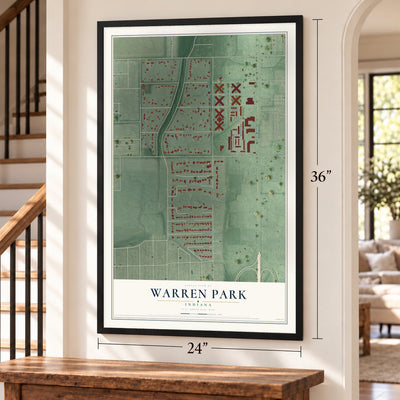 Warren Park, Indiana map, 24 x 36 inch print in a black frame by a staircase