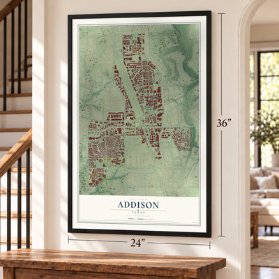 Addison, Texas map, 24 x 36 inch print in a black frame by a staircase