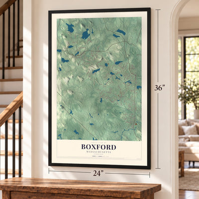 Boxford, Massachusetts map, 24 x 36 inch print in a black frame by a staircase