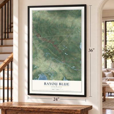 Bayou Blue, Louisiana map, 24 x 36 inch print in a black frame by a staircase