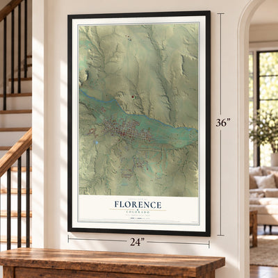 Florence, Colorado map, 24 x 36 inch print in a black frame by a staircase