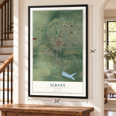 Albany, Missouri map, 24 x 36 inch print in a black frame by a staircase