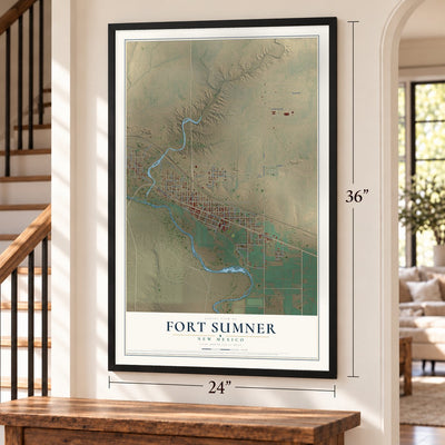 Fort Sumner, New Mexico map, 24 x 36 inch print in a black frame by a staircase