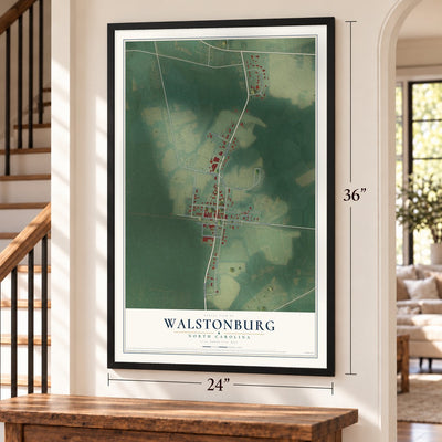 Walstonburg, North Carolina map, 24 x 36 inch print in a black frame by a staircase