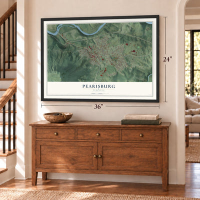 Pearisburg, Virginia map, 24 x 36 inch print in a black frame above a dresser by a staircase