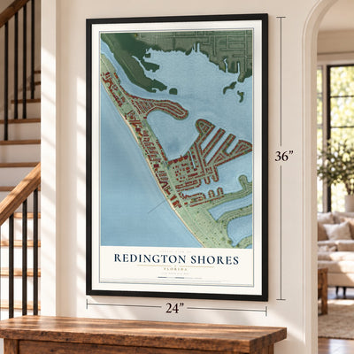 Redington Shores, Florida map, 24 x 36 inch print in a black frame by a staircase