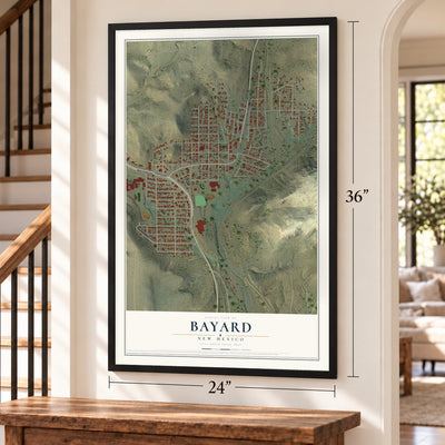 Bayard, New Mexico map, 24 x 36 inch print in a black frame by a staircase