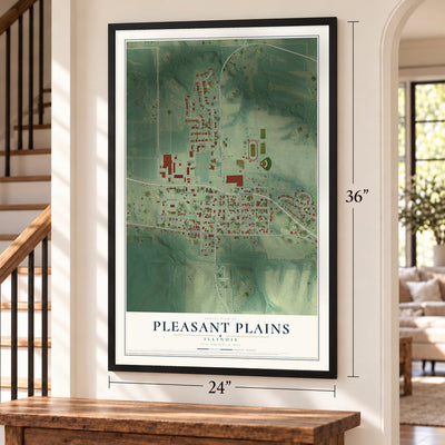 Pleasant Plains, Illinois map, 24 x 36 inch print in a black frame by a staircase