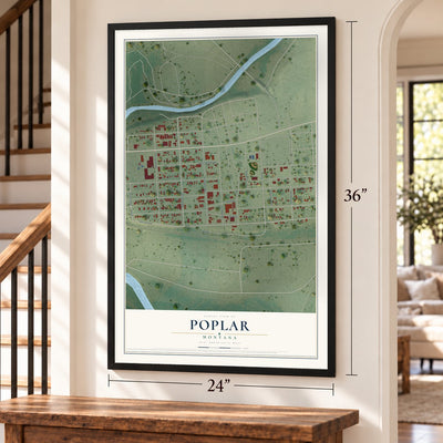 Poplar, Montana map, 24 x 36 inch print in a black frame by a staircase