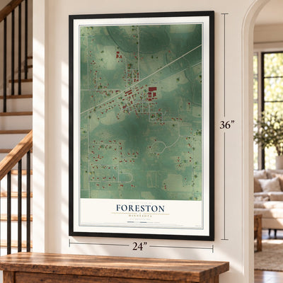 Foreston, Minnesota map, 24 x 36 inch print in a black frame by a staircase