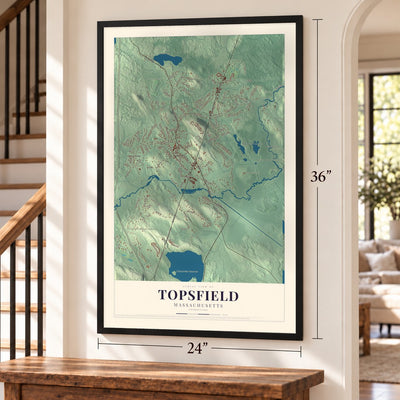 Topsfield, Massachusetts map, 24 x 36 inch print in a black frame by a staircase