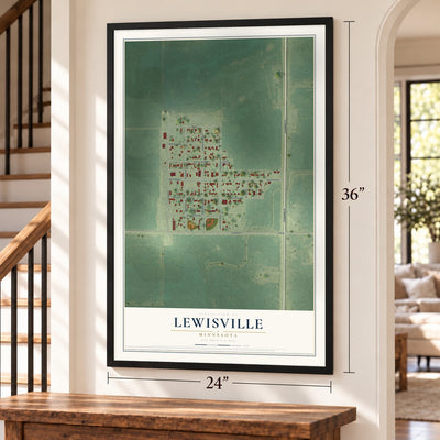 Lewisville, Minnesota map, 24 x 36 inch print in a black frame by a staircase
