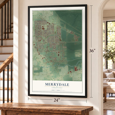 Merrydale, Louisiana map, 24 x 36 inch print in a black frame by a staircase