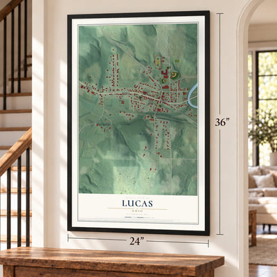 Lucas, Ohio map, 24 x 36 inch print in a black frame by a staircase
