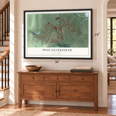 West Haverstraw, New York map, 24 x 36 inch print in a black frame above a dresser by a staircase