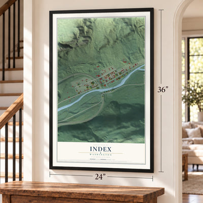 Index, Washington map, 24 x 36 inch print in a black frame by a staircase