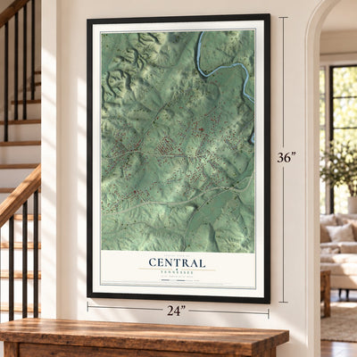 Central, Tennessee map, 24 x 36 inch print in a black frame by a staircase