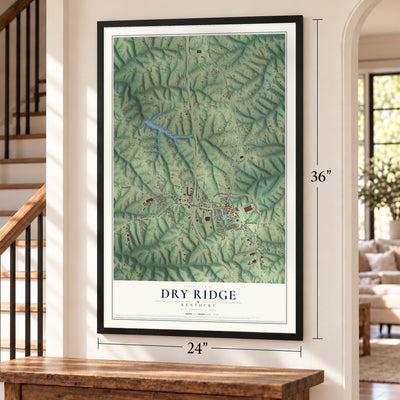 Dry Ridge, Kentucky map, 24 x 36 inch print in a black frame by a staircase