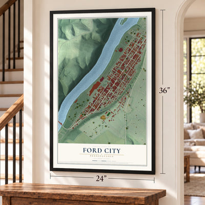 Ford City, Pennsylvania map, 24 x 36 inch print in a black frame by a staircase