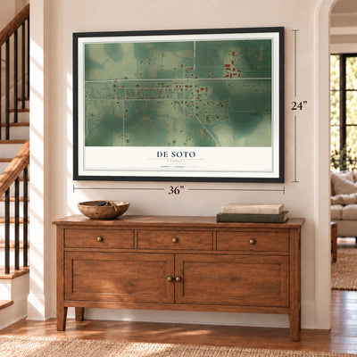 De Soto, Georgia map, 24 x 36 inch print in a black frame above a dresser by a staircase