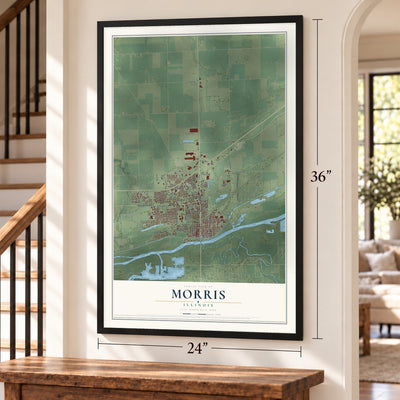Morris, Illinois map, 24 x 36 inch print in a black frame by a staircase