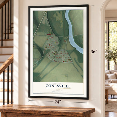 Conesville, Ohio map, 24 x 36 inch print in a black frame by a staircase