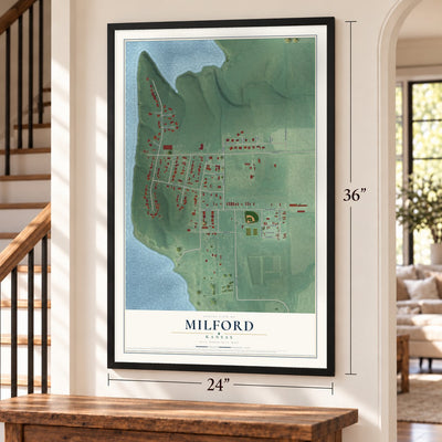 Milford, Kansas map, 24 x 36 inch print in a black frame by a staircase