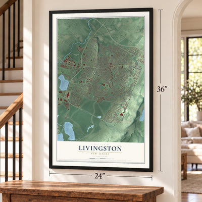 Livingston, New Jersey map, 24 x 36 inch print in a black frame by a staircase
