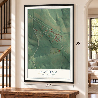 Kathryn, North Dakota map, 24 x 36 inch print in a black frame by a staircase