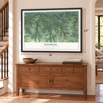 Wyoming, Iowa County, Wisconsin map, 24 x 36 inch print in a black frame above a dresser by a staircase