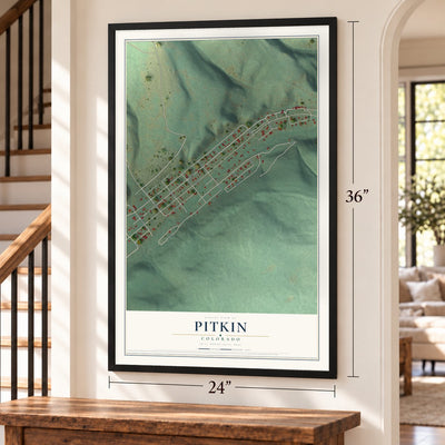 Pitkin, Colorado map, 24 x 36 inch print in a black frame by a staircase