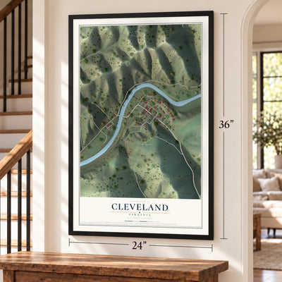 Cleveland, Virginia map, 24 x 36 inch print in a black frame by a staircase