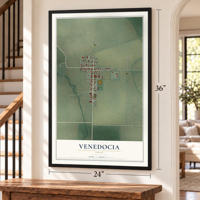 Venedocia, Ohio map, 24 x 36 inch print in a black frame by a staircase