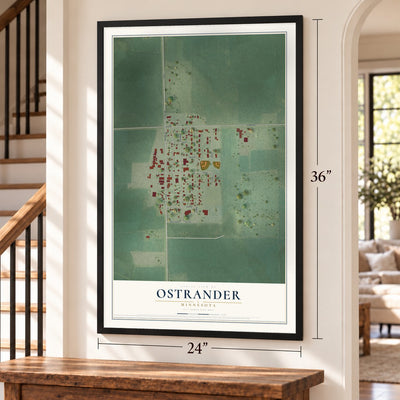 Ostrander, Minnesota map, 24 x 36 inch print in a black frame by a staircase
