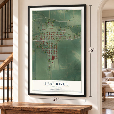 Leaf River, Illinois map, 24 x 36 inch print in a black frame by a staircase