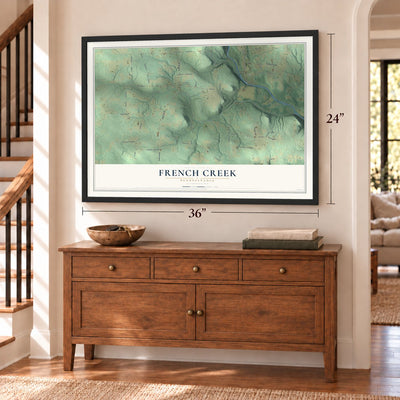 French Creek, Pennsylvania map, 24 x 36 inch print in a black frame above a dresser by a staircase