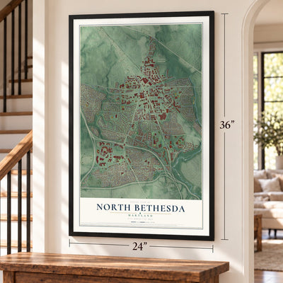 North Bethesda, Maryland map, 24 x 36 inch print in a black frame by a staircase