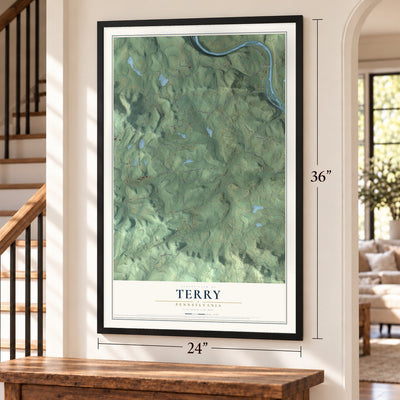 Terry, Pennsylvania map, 24 x 36 inch print in a black frame by a staircase