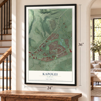 Kapolei, Hawaii map, 24 x 36 inch print in a black frame by a staircase