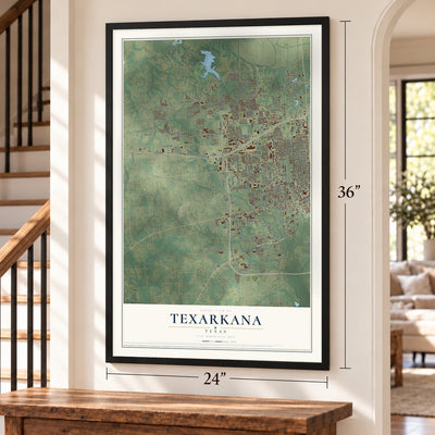 Texarkana, Texas map, 24 x 36 inch print in a black frame by a staircase