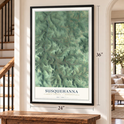 Susquehanna, Cambria County, Pennsylvania map, 24 x 36 inch print in a black frame by a staircase