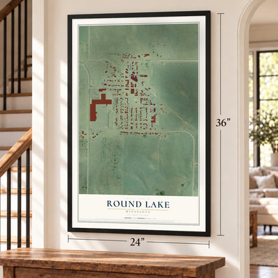 Round Lake, Minnesota map, 24 x 36 inch print in a black frame by a staircase